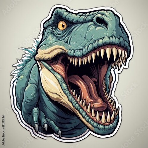 Tyrannosaurus rex head. Dinosaur: Tyrannosaurus rex with powerful jaws open, ferocious might of the t-rex. T-rex Sticker. Sticker. Logotype. © John Martin