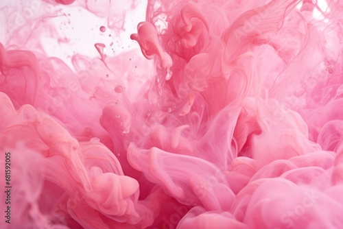  a close up view of a pink substance in a liquid filled body of water with a drop of water coming out of the top of the bottom of the image.