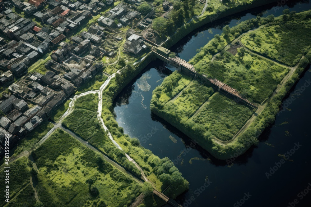  a bird's eye view of a river running through a lush green field next to a city with lots of tall buildings on the other side of the river.