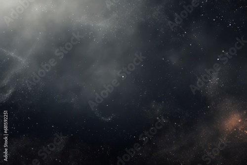  a black and white photo of a space filled with stars and a plane flying in the sky with clouds and stars in the sky, and in the foreground.