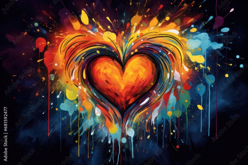 Fototapeta premium a painting of a heart with paint splatters all over it and a splash of paint all over the top of the heart and bottom half of the image.