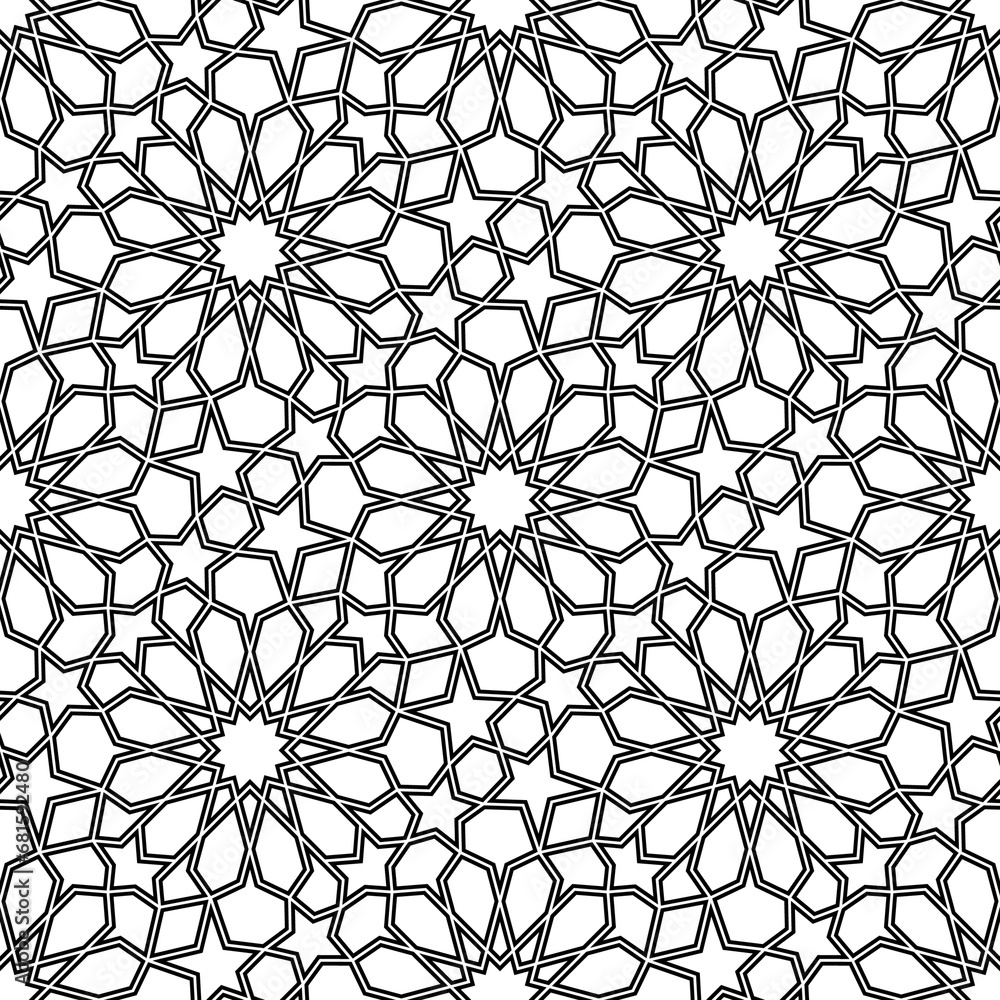 Morocco seamless pattern. Repeating black marocco grid isolated on white background. Repeated simple moroccan mosaic motive. Islamic textur for design prints. Abstract patern. Vector illustration - obrazy, fototapety, plakaty 