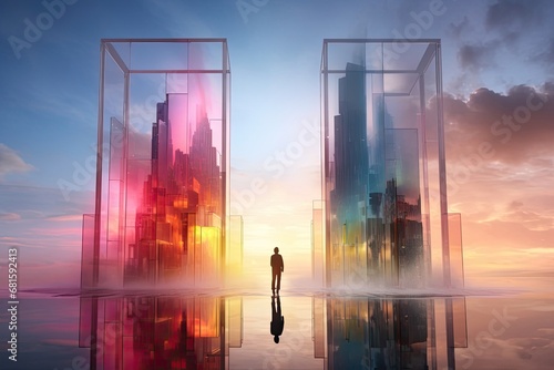 Person Amidst Two Majestic Skyscrapers in a Futuristic City Generative AI