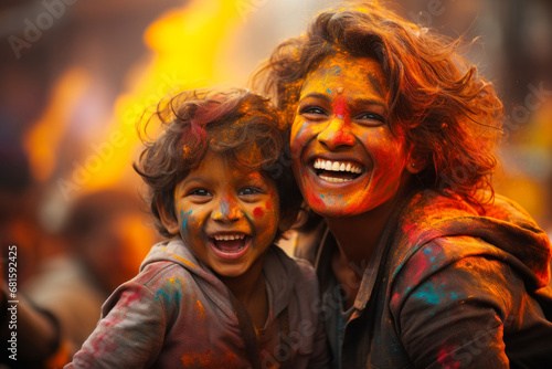 Happy child with mother on Holi holiday, beautiful family portrait during the festival of flowers, which also marks the arrival of spring an atmosphere of fun and festive excitement