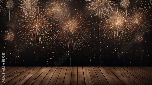 Sylvester 2024, New Year's Eve, New Year background panorama long - Firework Fireworks on rustic brown wooden wood texture
