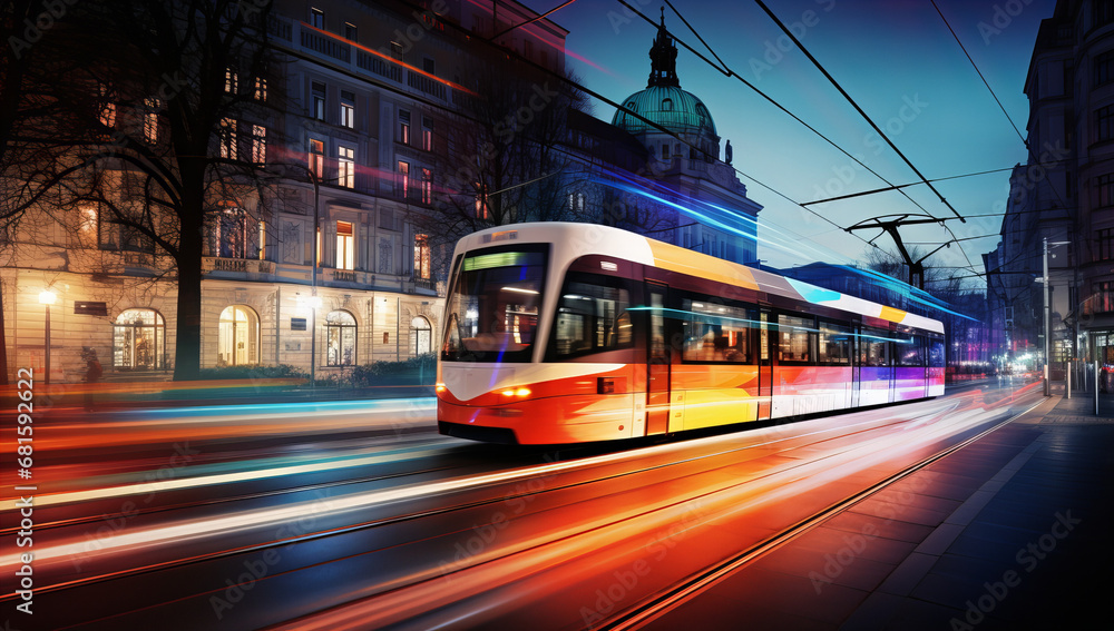 Moving tram at night