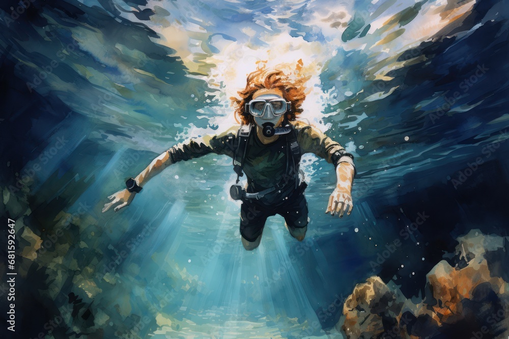 a painting of a man swimming in the ocean with a mask on his face and a scuba mask on his face, with the sun shining through the water behind him. a painting of a man swimming in the ocean with a mask on his face and a scuba mask on his face, with the sun shining through the water behind him.