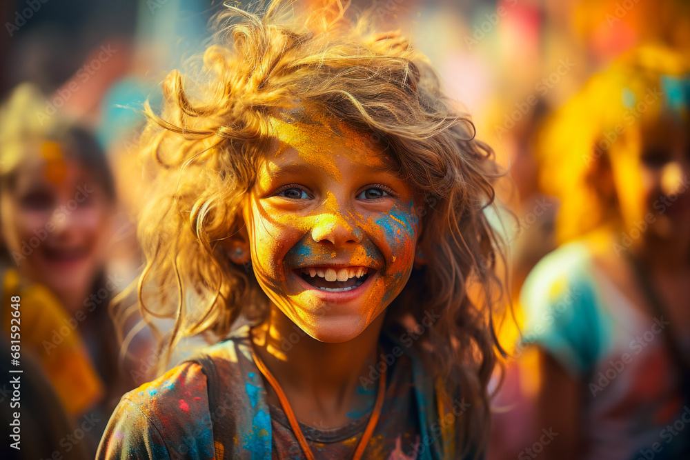 Portrait of a young man covered with multi-colored powder at the spring festival of Holi, children play during the festival of colors in an atmosphere of fun, happiness and love
