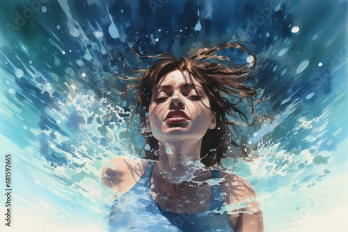  a digital painting of a woman in a blue tank top floating in a pool of water with her hair in the air and her eyes closed, her eyes closed.