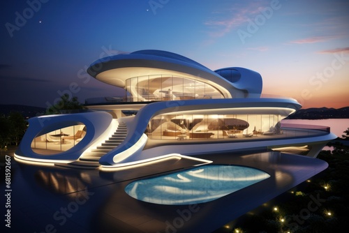  a futuristic house with a swimming pool in the middle of the night with a lit up staircase leading up to the upper level of the house to the upper level.