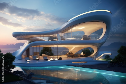  a futuristic house with a pool in the foreground and a view of the ocean in the background of the house, with a sunset in the background. © Shanti