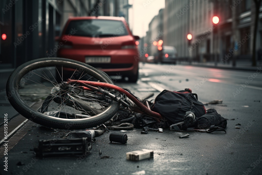 a bike laying on the side of a road next to a red car and a pile of trash on the side of the road with a red car in the background. a bike laying on the side of a road next to a red car and a pile of trash on the side of the road with a red car in the background.