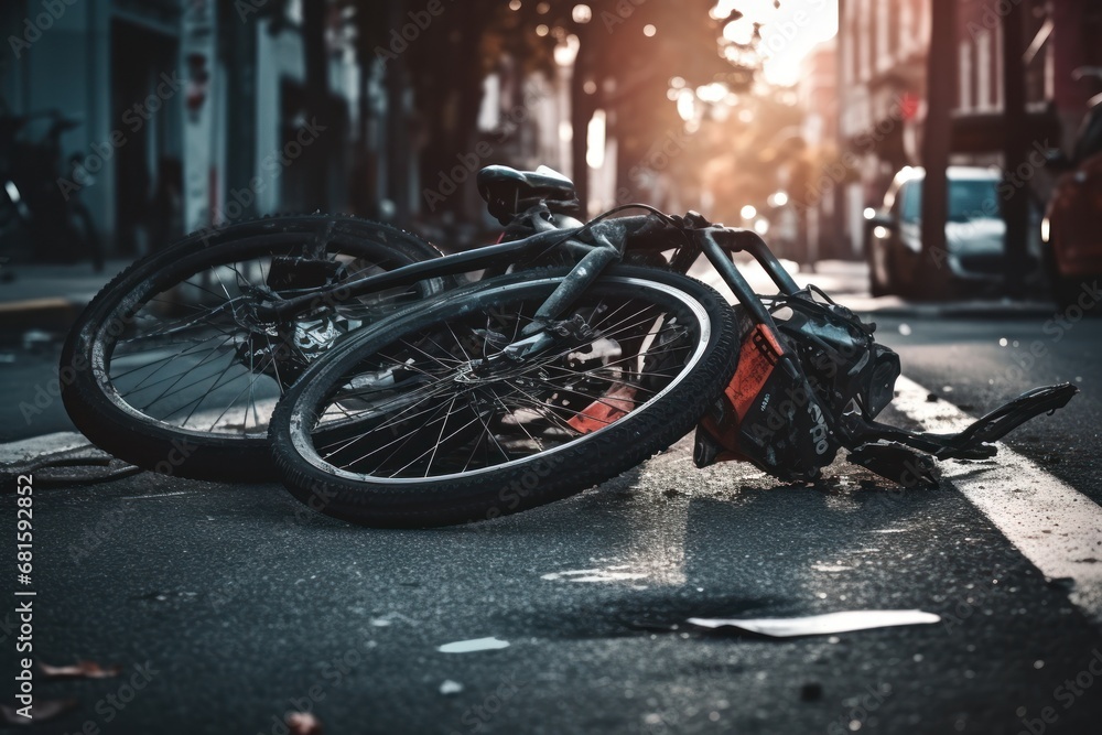 a couple of bikes sitting on the side of a road next to a trash can on the side of a street with cars parked on the side of the road. a couple of bikes sitting on the side of a road next to a trash can on the side of a street with cars parked on the side of the road.
