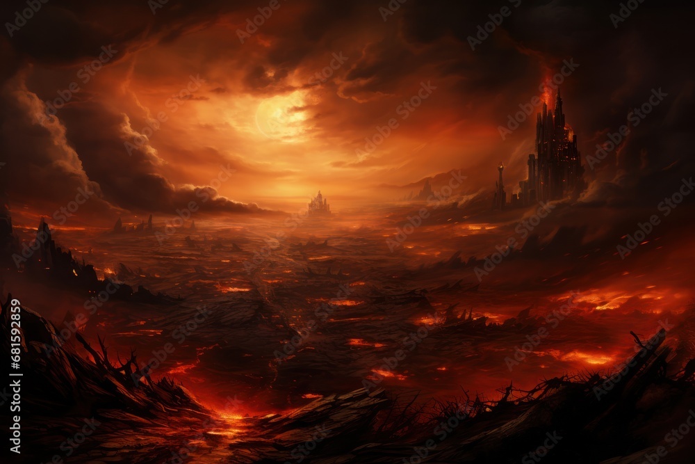  a painting of a city on fire in the middle of a large body of water with a castle in the middle of the sky in the middle of the middle of the picture.
