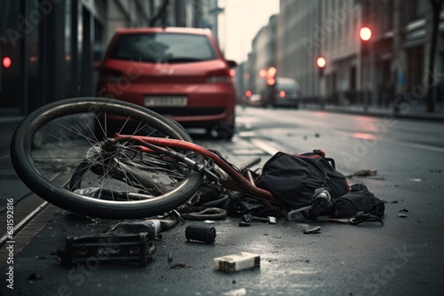  a bike laying on the side of a road next to a red car and a pile of trash on the side of the road with a red car in the background.