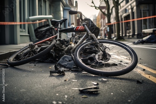  a bike laying on its side on the side of the road with it's front wheel in the middle of the road and it's broken front tire.