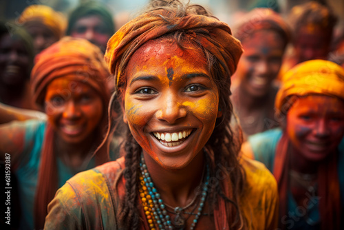 Portrait of a beautiful Indian woman smiling at the Holi festival  enthusiastic festival participants immersed in a kaleidoscope of colors  decorated with bright spots of powder creating