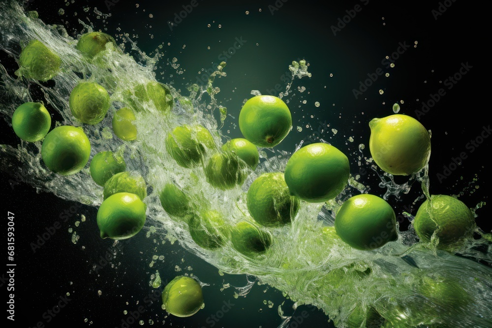  a bunch of green apples are splashing into a body of water on a black background with a splash of water on the bottom of the image and on the bottom of the image.