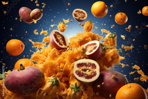  a bunch of oranges and other fruit flying in the air over a pile of macaroni and cheese with one cut in half on top of the other half of the macaroni and half.