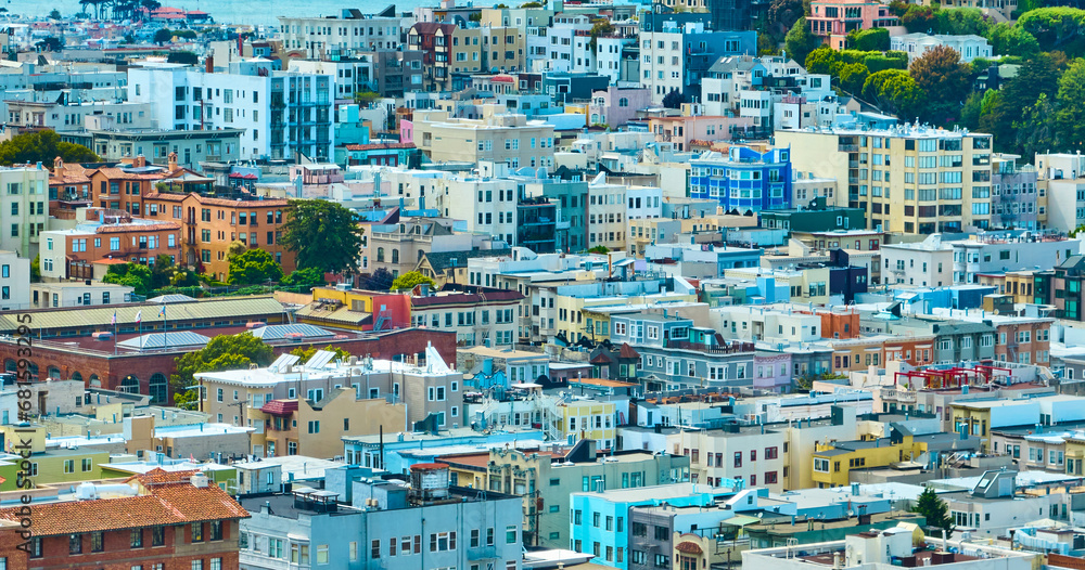 Residential city apartment aerial colorful buildings San Francisco, CA