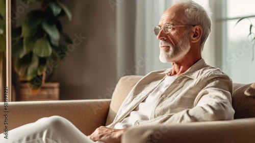 Tranquil scene of a senior man at ease on the sofa.
