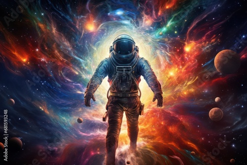  a man in a space suit standing in front of a colorful background with planets  stars  and a starburst in the center of the image is surrounded by stars.