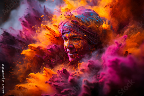 A young man in a turban in a cloud of colorful powder on the cheerful spring holiday of Holi  an atmosphere of fun and festive delight  travel advertising photography