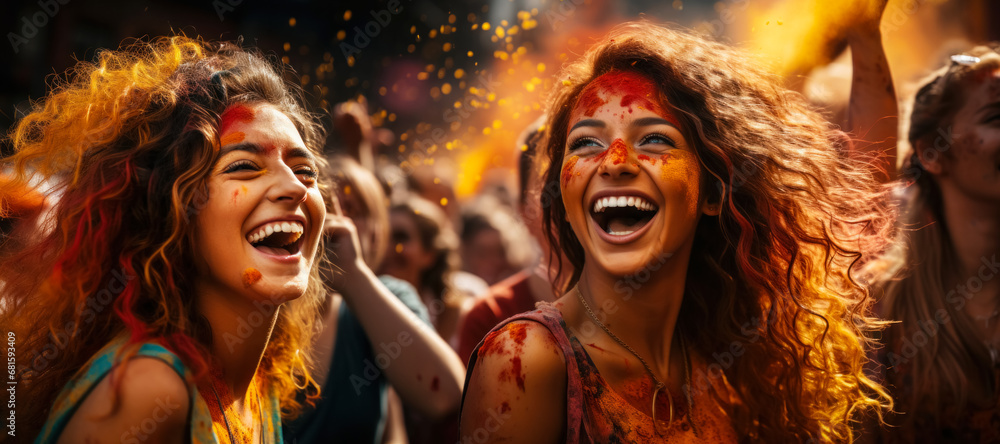 Happy laughing girlfriends in a cloud of colorful orange powder during the Holi festival, a time of fun and festive delight, banner for travel advertising