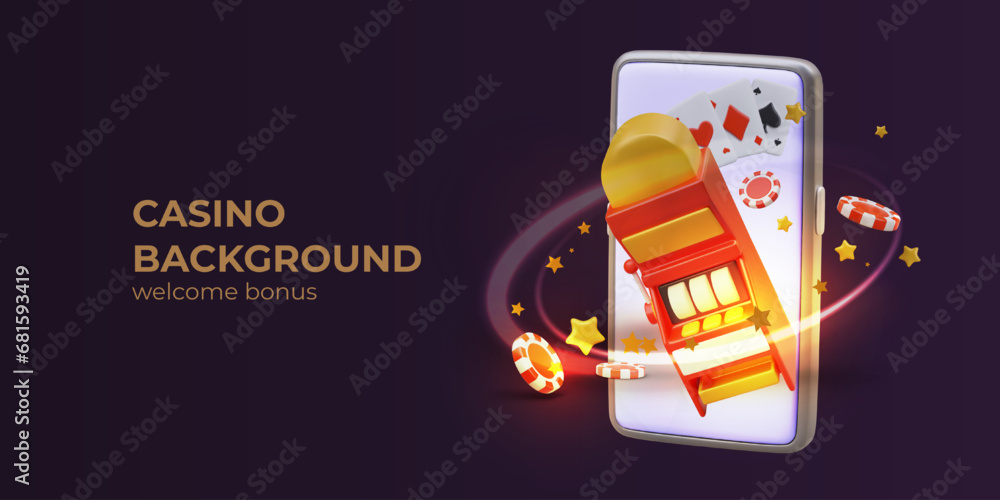 Online casino vector background. Welcome bonus for beginners. Phone, slot machine, chips, cards. Effect of golden glow, movement, rotation. Real game ads - obrazy, fototapety, plakaty 