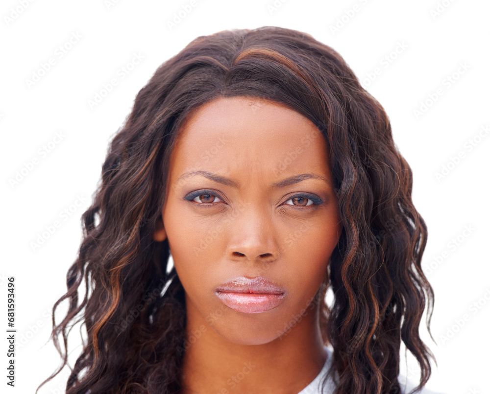 Black woman, portrait and frown in studio for angry, frustrated or annoyed on white background. Person, disappointed and unhappy with mental health, bad news or grumpy expression with mock up space Black woman, portrait and frown in studio for angry, frustrated or annoyed on white background. Person, disappointed and unhappy with mental health, bad news or grumpy expression with mock up space