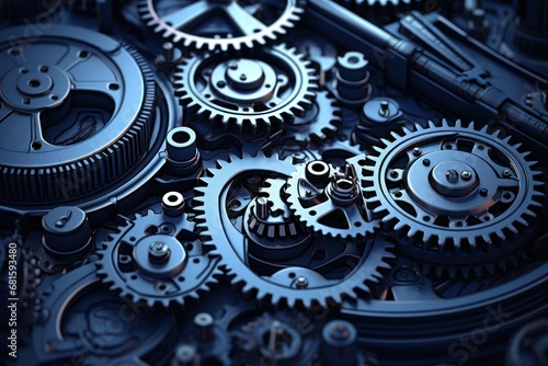  a close up of a bunch of gears on a piece of machinery that looks like it has gears attached to the sides of the gears and is black and has a blue tint.