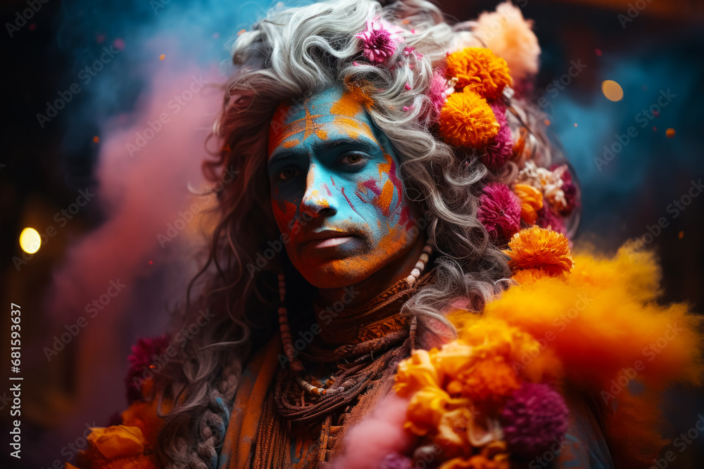 Portrait of a man dressed as Vishnu in a cloud of colored powder inside a temple during Holi, a traditional spring festival of India