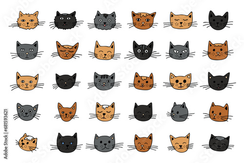 Hand drawn cat muzzle clipart. Cute pet face doodle set