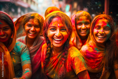 women in traditional Indian clothing throw colorful powder paints red, orange, green and white powder during Holi festival on the streets of India