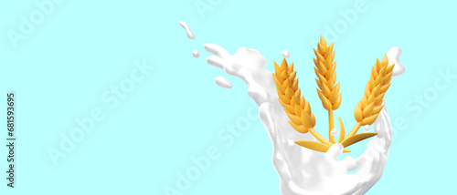 Golden wheat in splash of milk. Harvest concept. Food and natural product. Dairy products with grains, organic additives concept. Vector illustration in 3d style