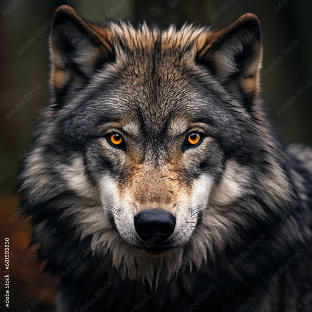 Close-up photo of wolf, scary predator in the forest.
