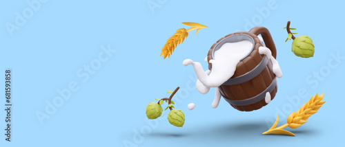 Mug of frothy beer, ears of wheat, green cones of hops. Horizontal concept for brewery, bar, liquor store. Vector composition for beer festival on blue background