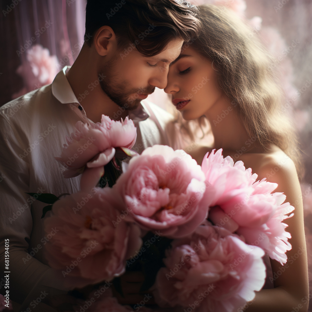 Happy young couple with bouquet of flowers peonies. Valentine's Day celebration Happy young couple with bouquet of flowers peonies. Valentine's Day celebration