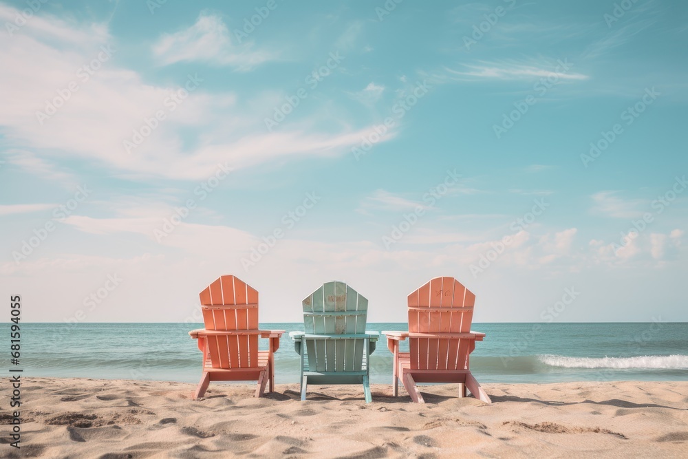 a couple of chairs sitting on top of a sandy beach next to a body of water with a wave coming in from the ocean and a blue sky in the background. a couple of chairs sitting on top of a sandy beach next to a body of water with a wave coming in from the ocean and a blue sky in the background.