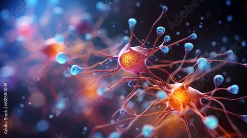 Neural network with electrical activity of neuron cells, 3D rendering illustration. Neuroscience, neuroscience, nervous system and impulse, brain activity, microbiology concepts. The artist's vision.