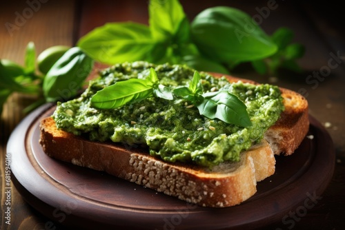  a close up of a piece of bread on a plate with pesto and breadcrumbs on a wooden table next to basil leaves and a wooden table.