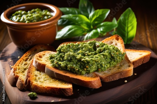  a piece of bread with pesto on top of it next to a bowl of pesto and a bowl of basil on a cutting board on a wooden table.