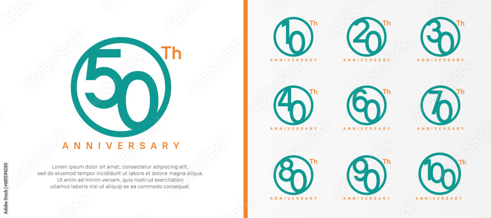 set of anniversary logo green color number in circle and orange text on white background for celebration