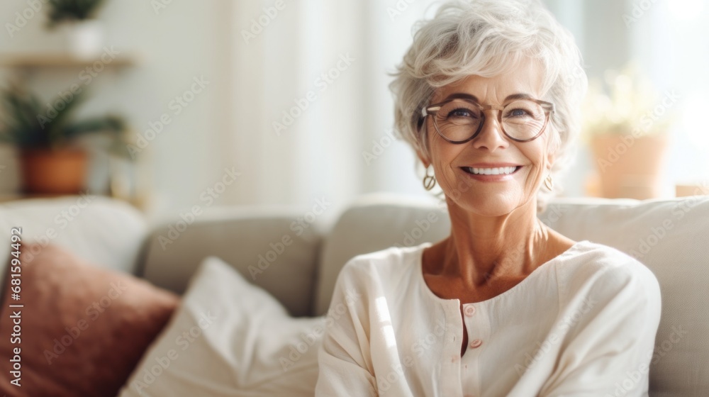 A senior woman unwinds on her favorite sofa at home. A senior woman unwinds on her favorite sofa at home.