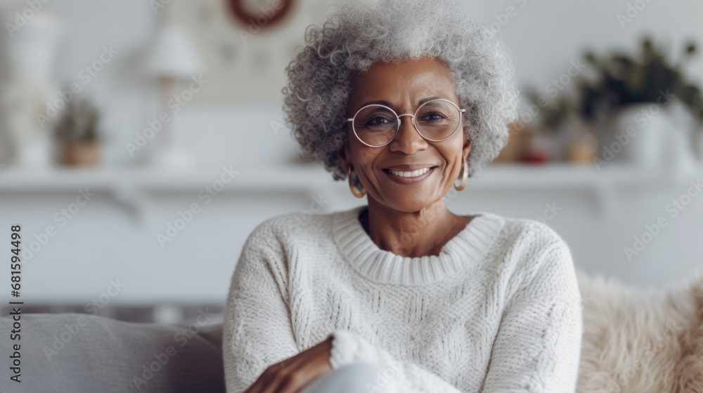 A pretty senior woman finds joy in leisure on her home sofa. A pretty senior woman finds joy in leisure on her home sofa.