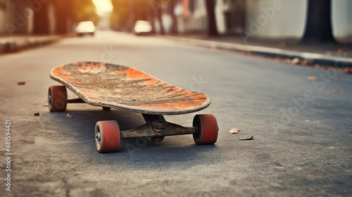 A skateboard that is laying on the ground photo