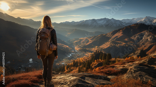 Traveler women backpacker at a mountain peak and looking at misty mountain range landscape with cloudy sky 