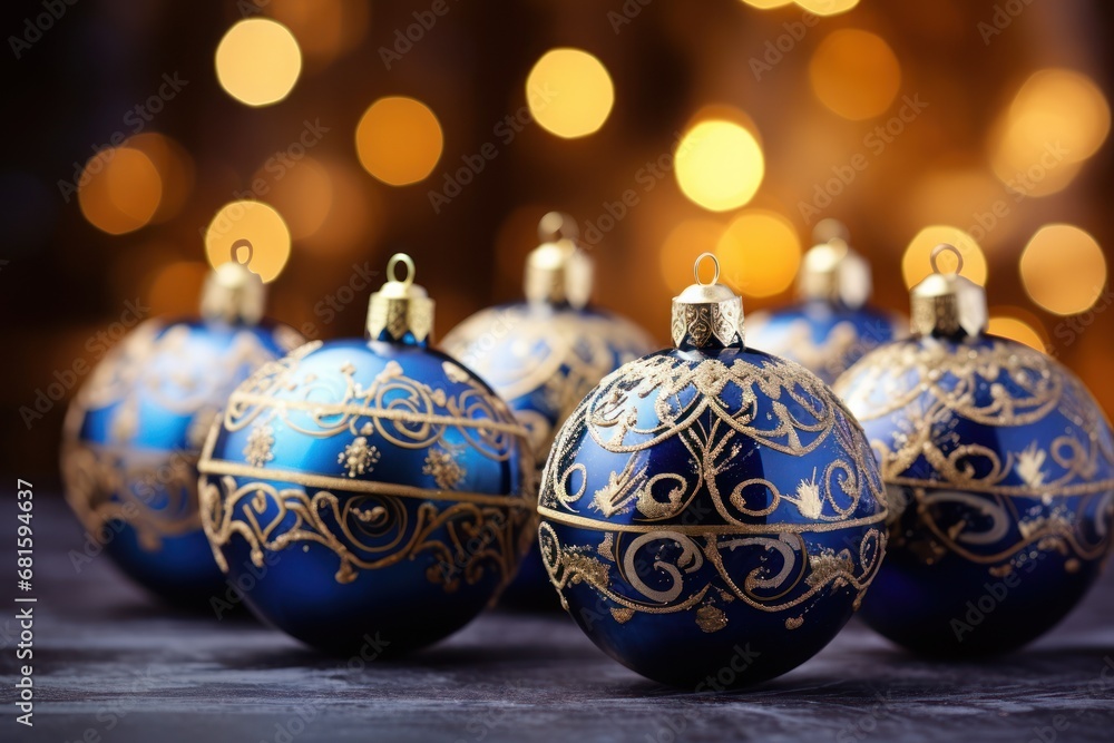 a group of blue and gold ornaments sitting on top of a table next to a gold and white christmas ornament with lights in the back ground behind it. a group of blue and gold ornaments sitting on top of a table next to a gold and white christmas ornament with lights in the back ground behind it.