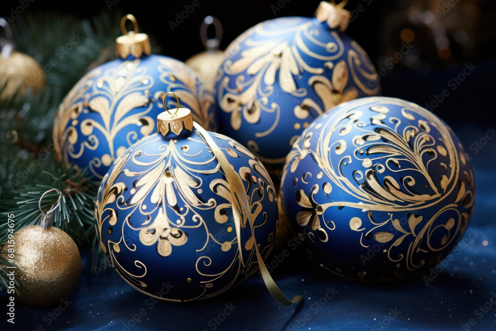a group of blue and gold ornaments sitting on top of a blue and gold table cloth next to a christmas tree with gold ornaments on top of blue and gold. a group of blue and gold ornaments sitting on top of a blue and gold table cloth next to a christmas tree with gold ornaments on top of blue and gold.
