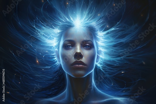  a digital painting of a woman s face with blue hair and a glowing halo above her head  in front of a dark background of stars and a blue sky.